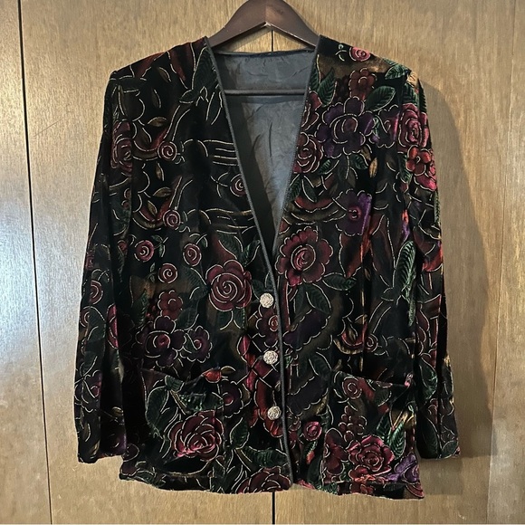 Vintage Floral Velvet Womens Detail Button Blazer Pockets Lined Dark Academia 10 - Picture 2 of 12